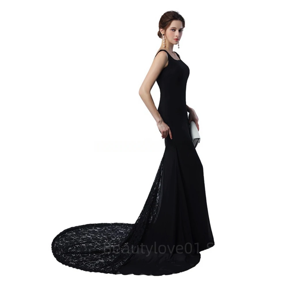 2024 einfache schwarze boden lange Meerjungfrau Satin Party Ballkleid Sweep Zug ärmellose Reiß verschluss Abendkleid Robe Soiree Femmes