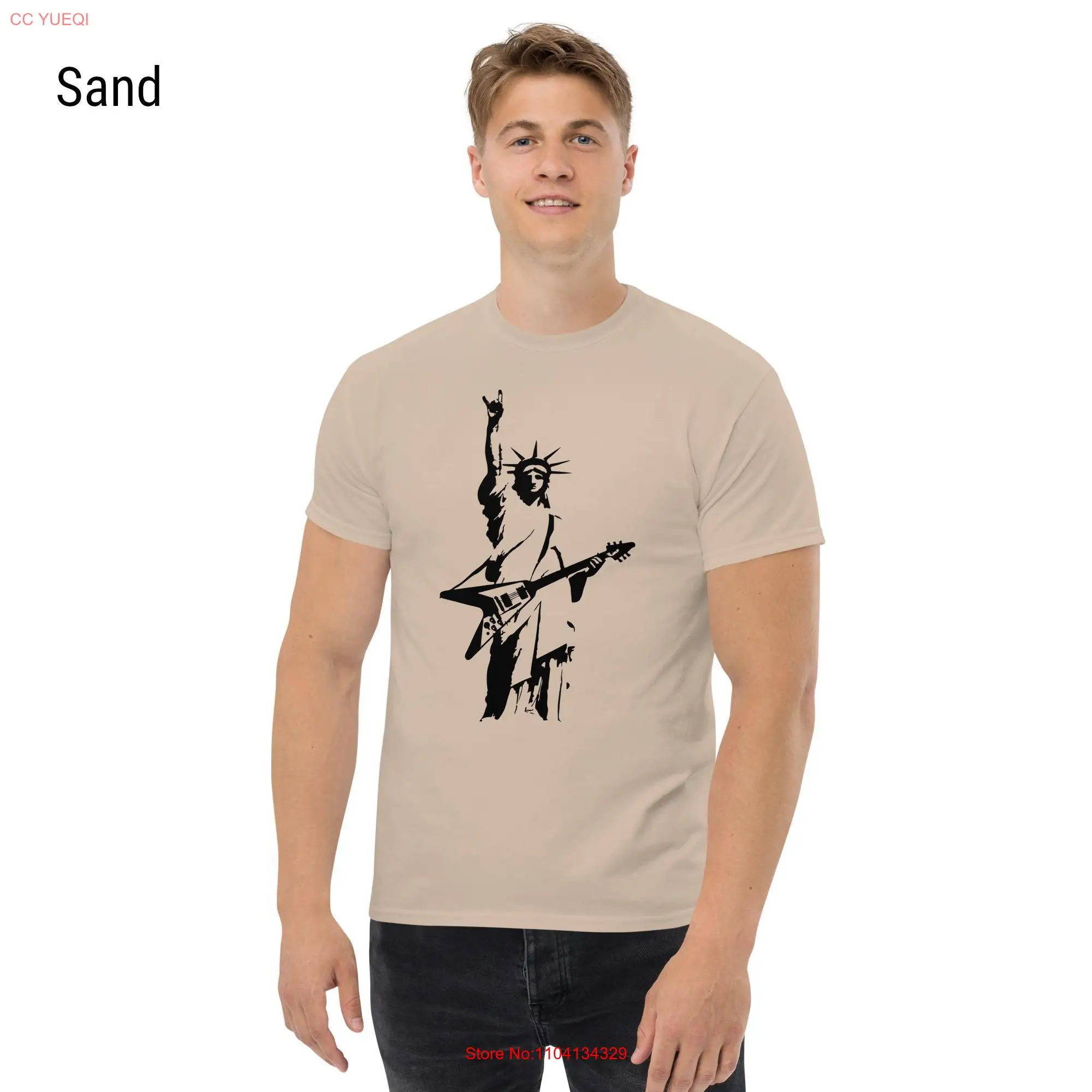 Guitar T Shirt With Electric Print Of Statue Liberty Holding A Flying V long or short sleeves