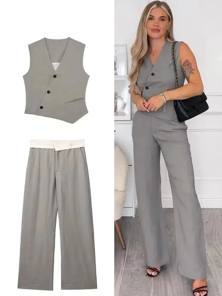 

HH Women Solid Pants Suit Asymmetric Sleeveless Single Breasted Vest Top + High Waist Loose Tousers Fashion Streetwear