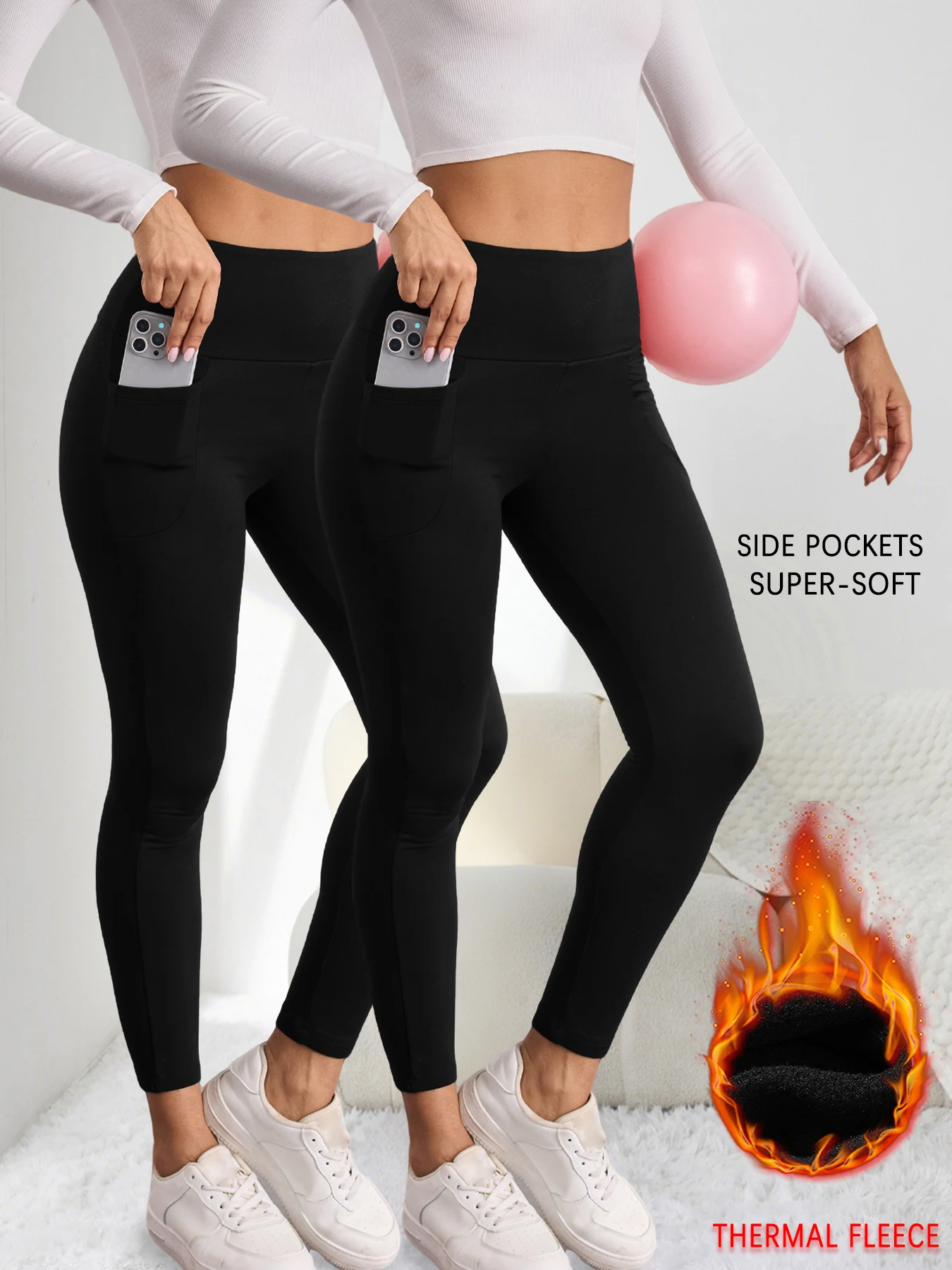 

2 Pack High Waisted Thermal Leggings with Pockets for Women - Fleece Lined Tummy Control Winter Warm Thick Tights Workout Pants