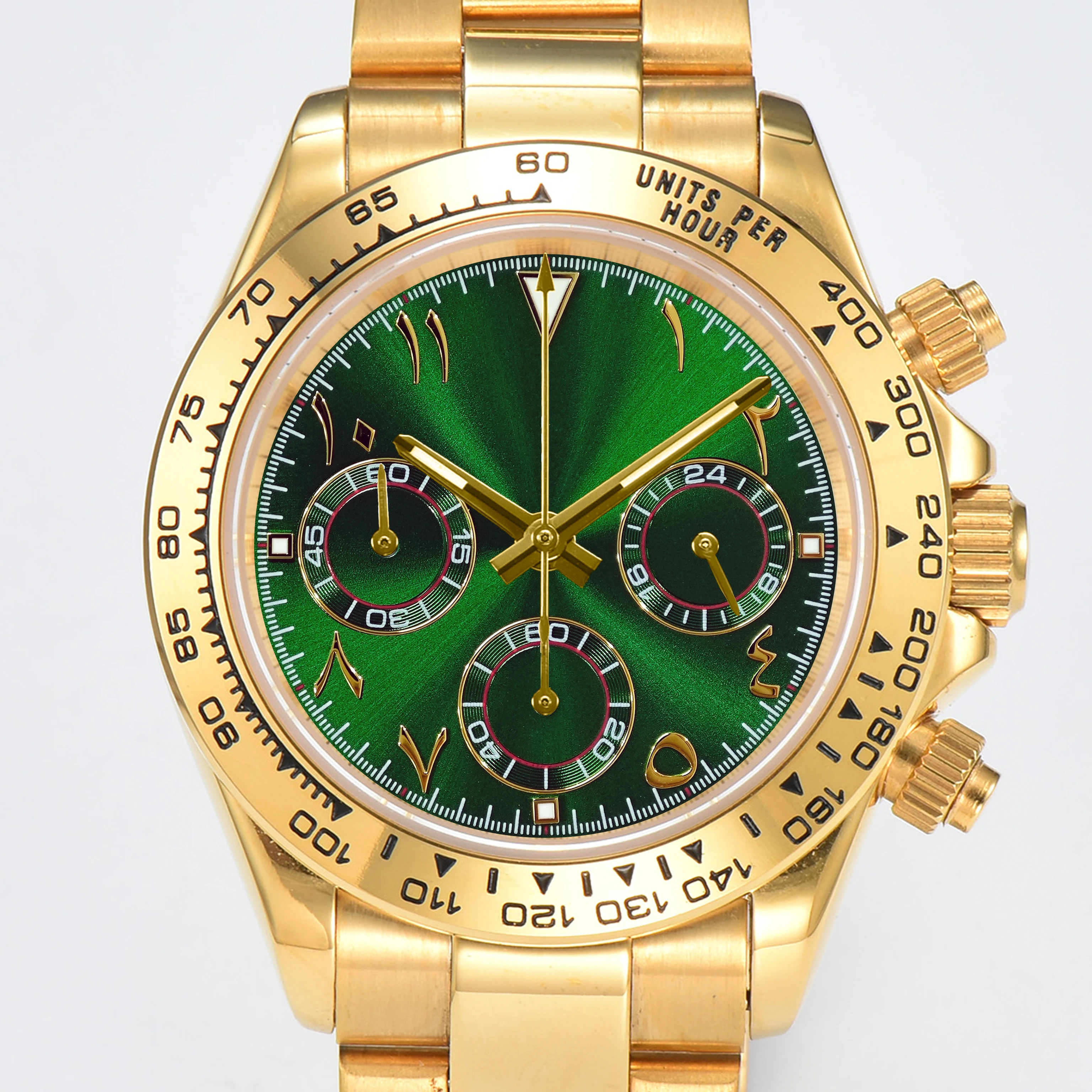 OUMASHI 42 mm goldene Herren-Chronographenuhr mit arabischen Ziffern, VK63, Quarzwerk, C3, leuchtendes, wasserdichtes Saphirglas 10