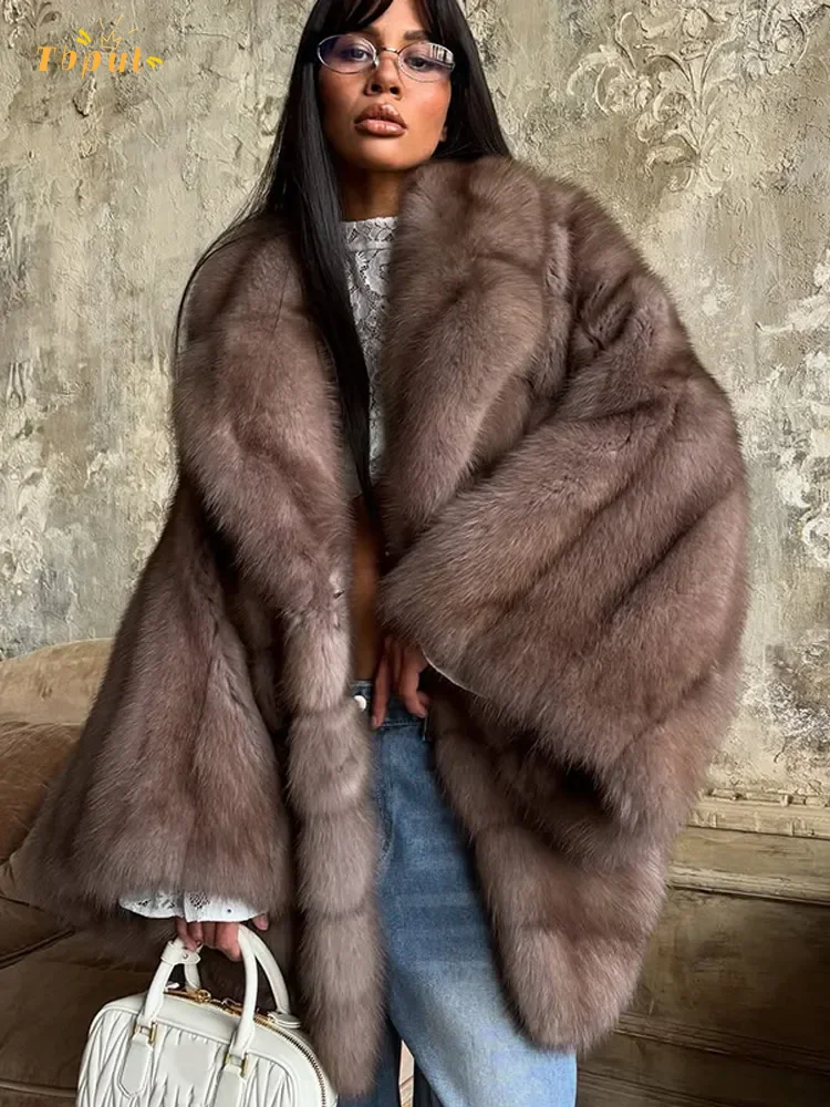 

Fashion Fluffy Faux Fur Coat Women Lapel Long Sleeve Loose Pleated Jackets New Winter Warm Female Chic High Street Outerwear