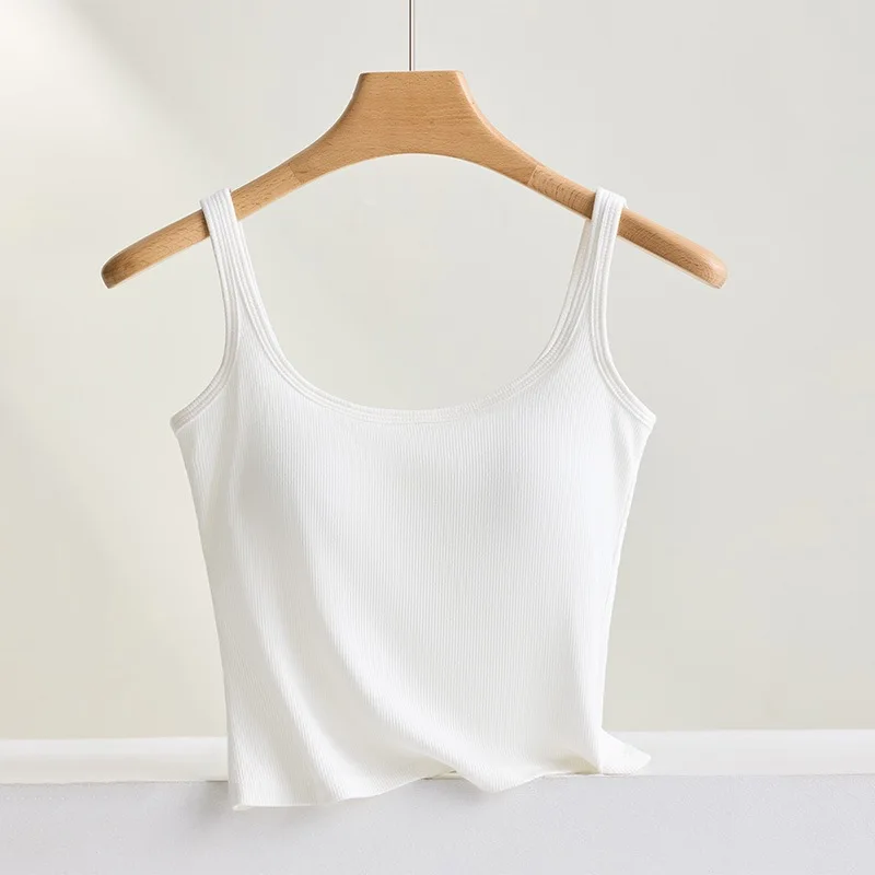 

Women's Solid Color Spaghetti Straps Sleeveless Slim Camisole with Chest Pad Cotton Summer Wear Outside Female Short Tops Vests