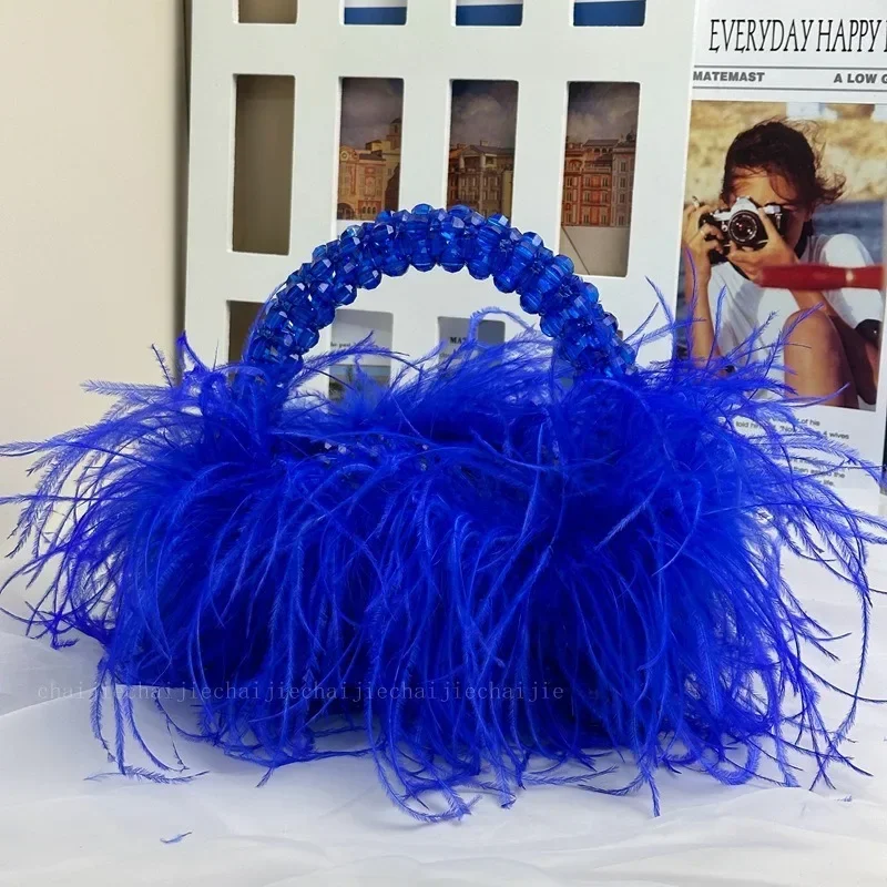 

Handmade Crystal Weave Birthday Party Handheld Women's Bag New Acrylic Colorful Ostrich Hair Beaded Ladies Handbag Customization