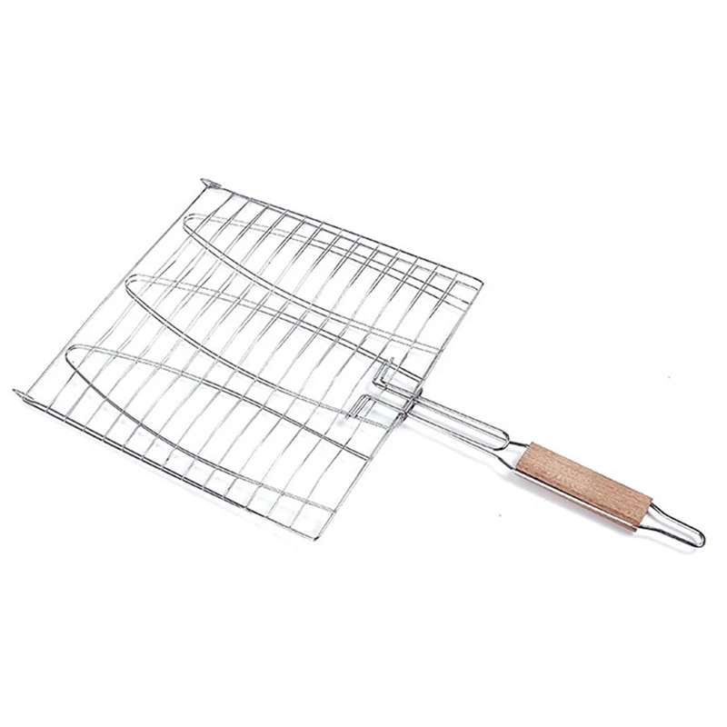 BBQ Fish Grill Net Barbecue Grilling Fish Rack Non-Stick Triple Fish Grilling Basket Wood Handle Barbecue Tool 1 Pcs