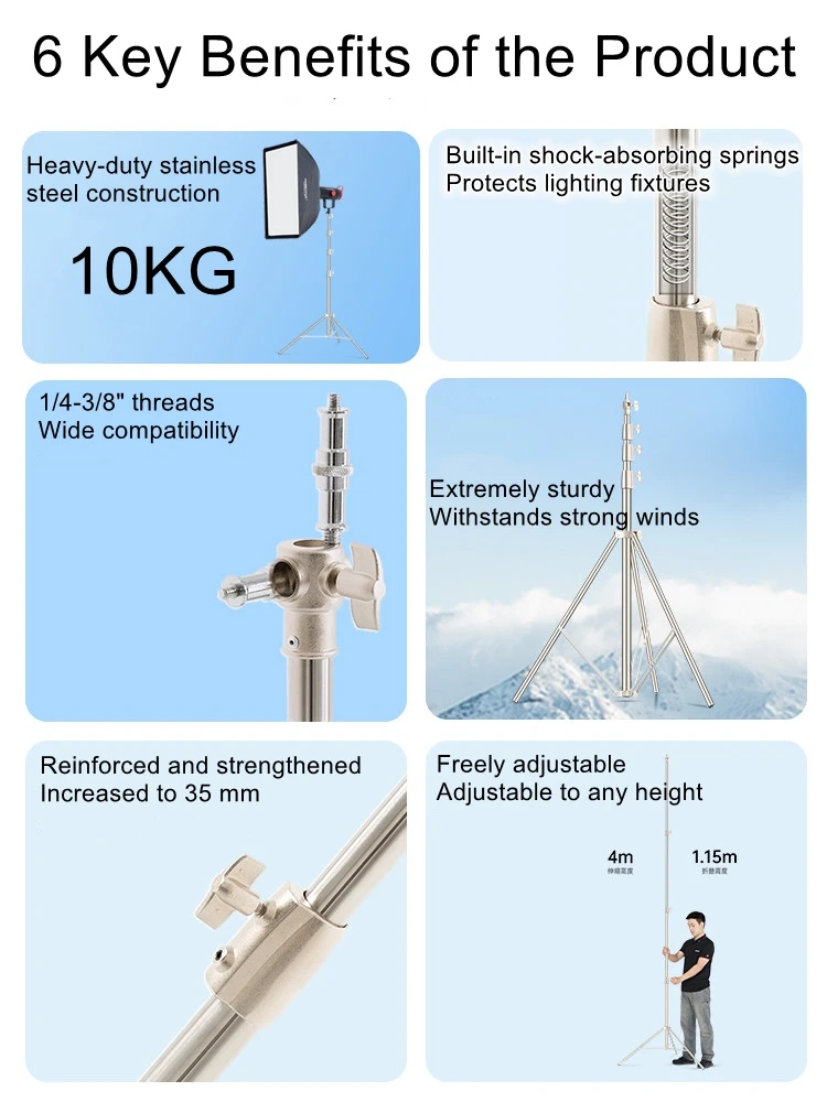 4m Photography Stainless Steel Light Stand, Studio Fill Light, Portable, Foldable, Telescoping, Sturdy, Heavy-Duty Tripod