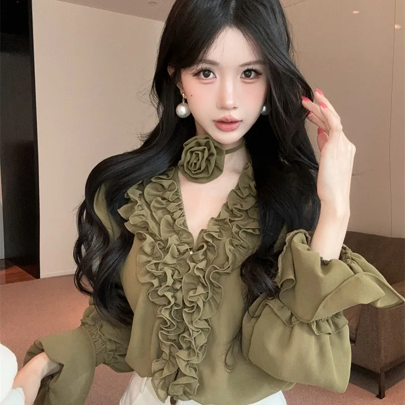 

Fall 2026 New Style Elegant Luxury Long Sleeve Glass Silk Chiffon Shirt Women's Fashionable Loose Fit Crystal Lace Top