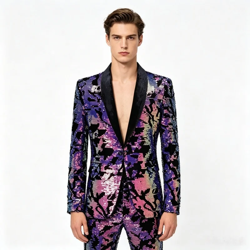 Men's Slim Fit Velvet Tuxedo Jacket with Shiny Sequins for Wedding Banquet Bar Host Male Singer Stage Costume Stylish Groom Suit