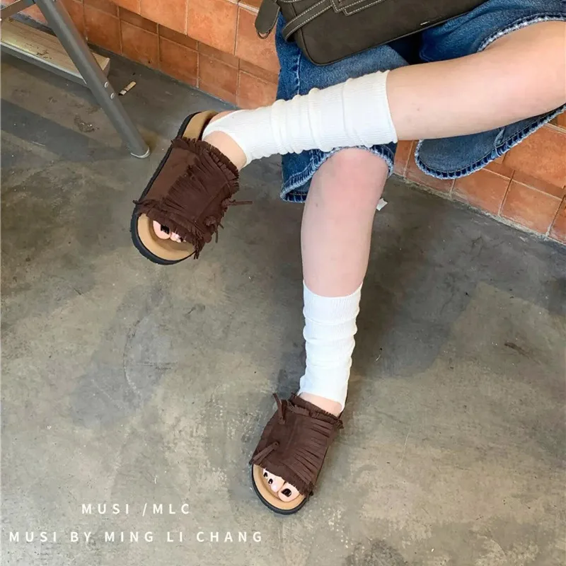 

2026 Summer New Solid Faux Suede Chunky Slide Sandals Women Outdoor Flat Tassel Bohemia Mule Shoes