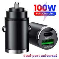 dual-port universal car super fast charger 100W Mini Car Charger USB Type C QC3.0 PD Fast Charging 12-24V Pull Ring Car Adapter