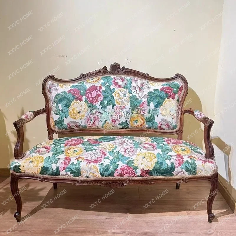 XX retro solid wood, sofa chair fabric printing, pastoral carving leisure