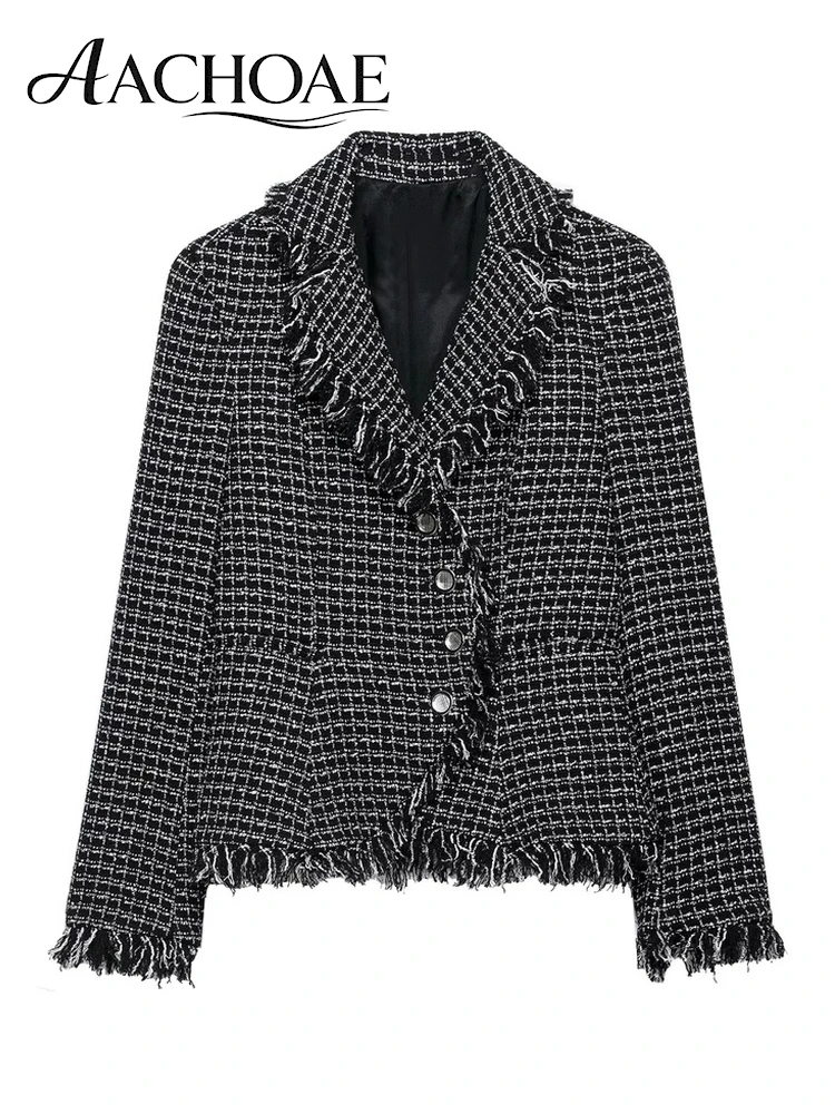 AACHOAE Women Textured Tweed Blazer Frayed Trim Slim Lapel Button Front Long Sleeve Vintage Elegant Suit Jacket Autumn Outerwear