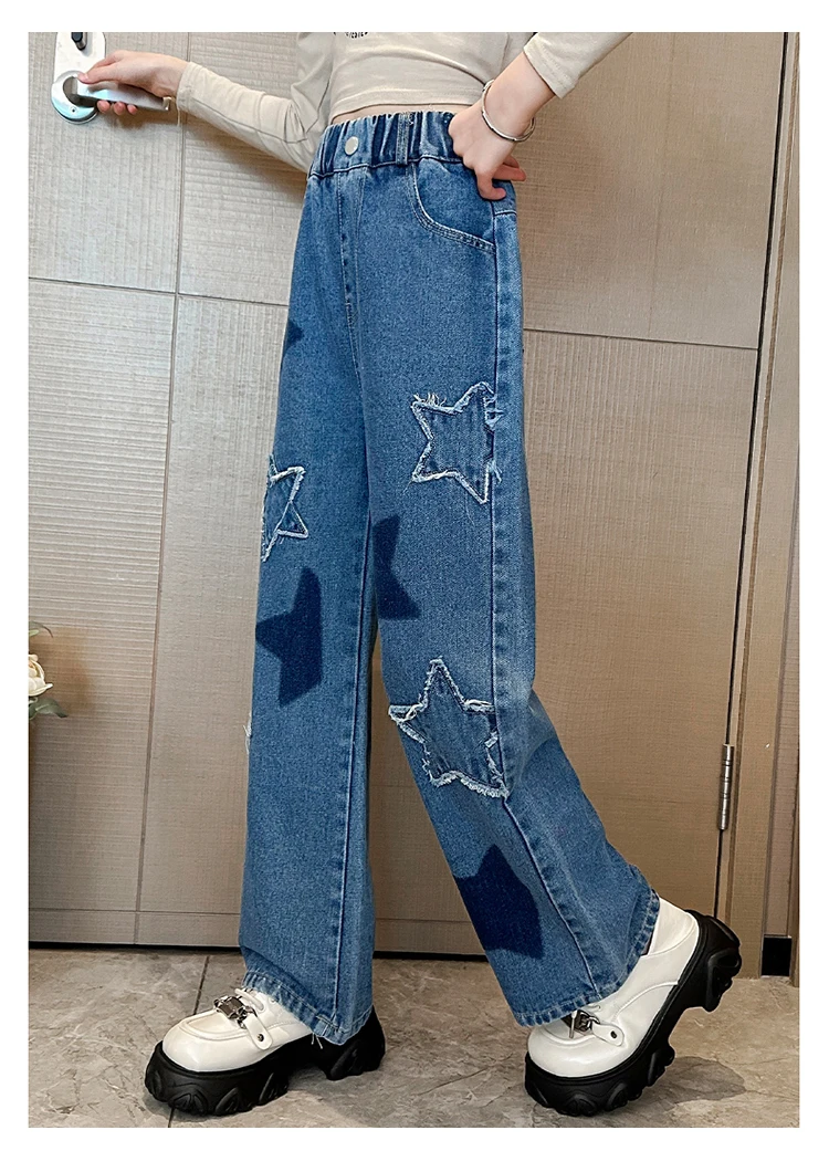 Stylische Streetwear-Jeans für Kinder mit geradem Schnitt und Sternen, modische Kleidung, Hip-Hop-Retro-Jeanshosen für Mädchen, luxuriöse Kinderhosen – Detail 4