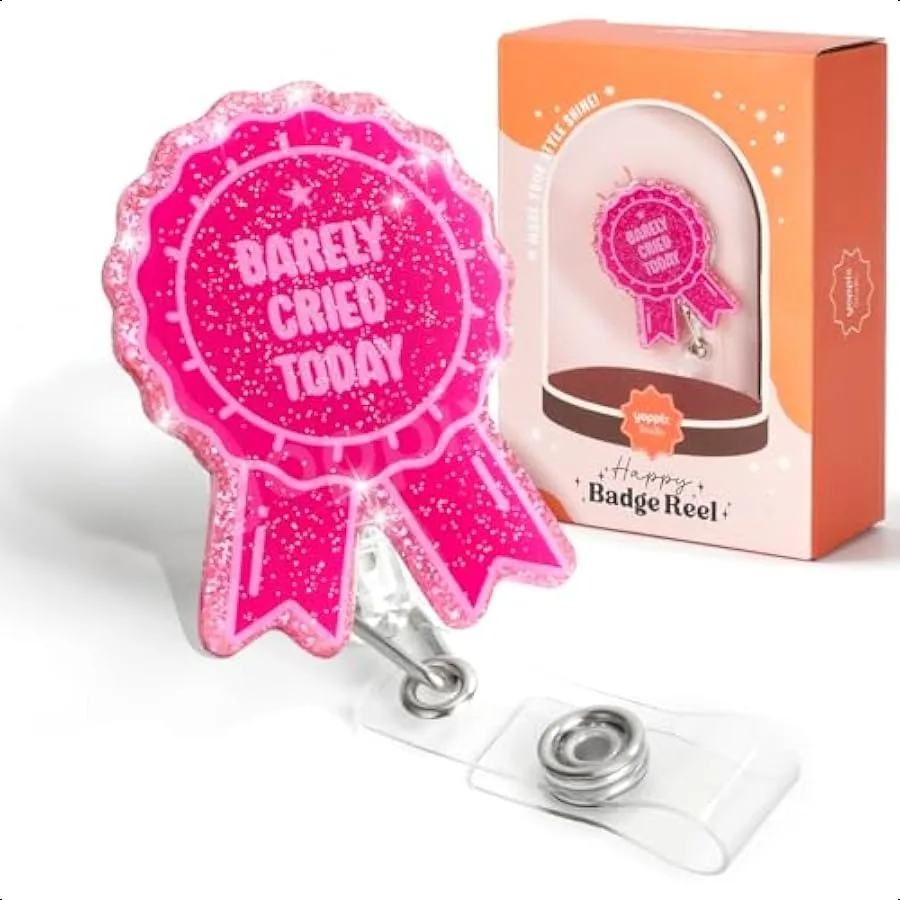 

Barely Cried Today Badge Reel Pink Ribbon Funny Sparkly Glitter Retractable Badge Reel for s RN EN Doctor Paramedic Teachers Me
