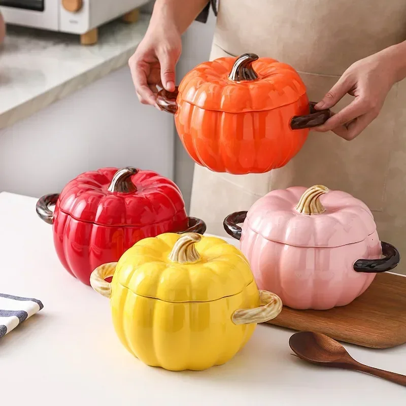 1.5L Ceramic Creative Pumpkin Bowl with Cover Binaural Porcelain Soup Pot Large Rice Bowl Instant Noodle Bowl Kitchen Tableware