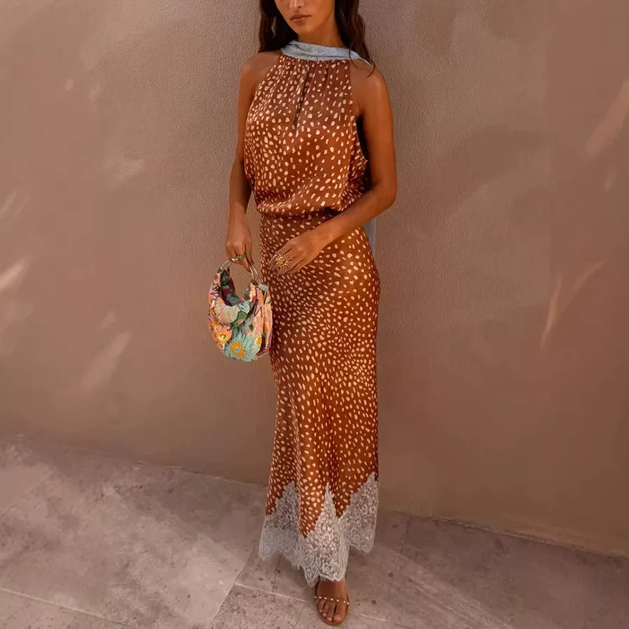 2026 New Elegant Printed Reversible Ribbon Top Lace Insert Skirt Set Women's Sleeveless Dot Two-Piece Outfit Lady Casual Wear