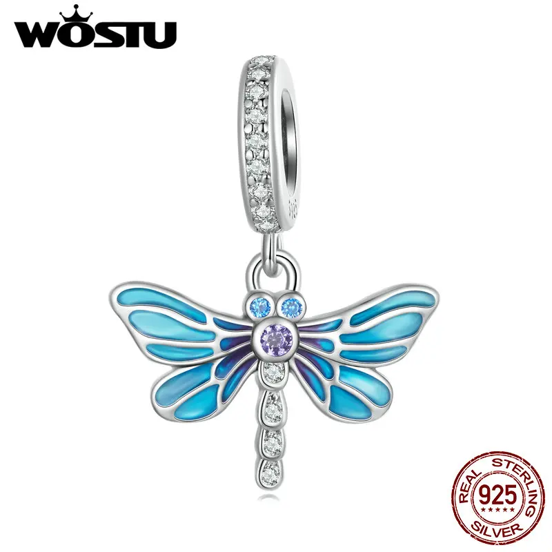 WOSTU Real 925 Sterling Silver Dragonfly Charms Pendants Animal Bead For Women Fit Original Bracelet DIY Necklace Jewelry Making