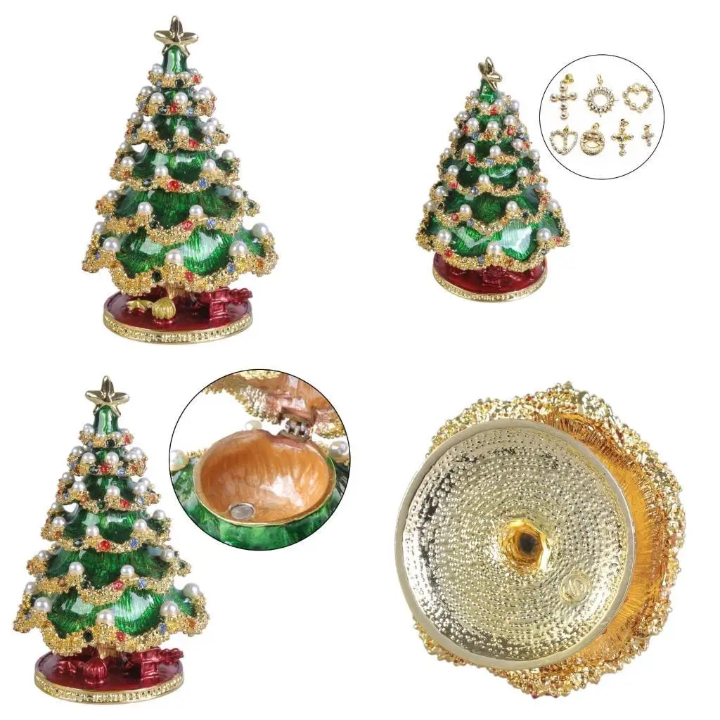 

J78F Hand Painted Christmas Tree Trinket Metal Enamel Necklace Jewelry Storage Container for Home Office Decoration