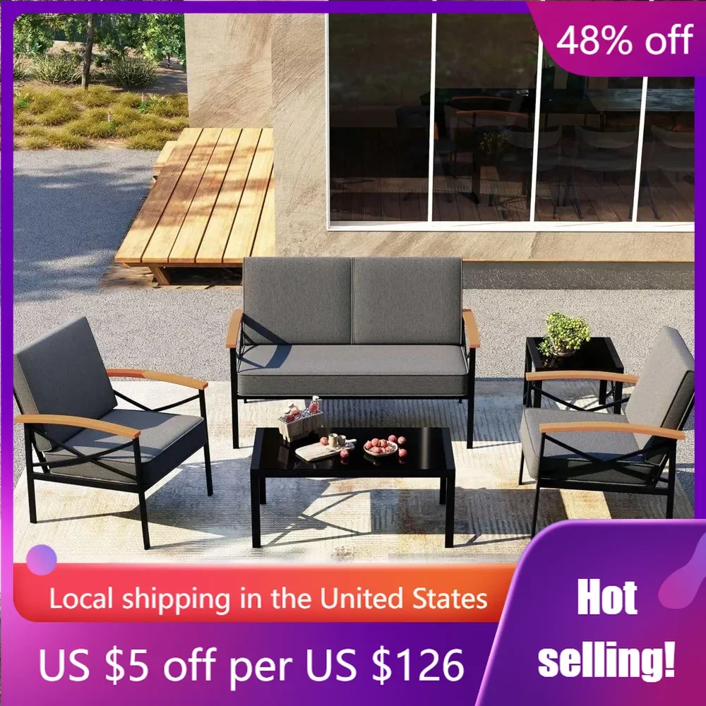 5 Piece Outdoor Patio Sofa Set, including Loveseat, Two Single Chairs and Two Coffee Tables for Backyard, Patio (Dark Grey)