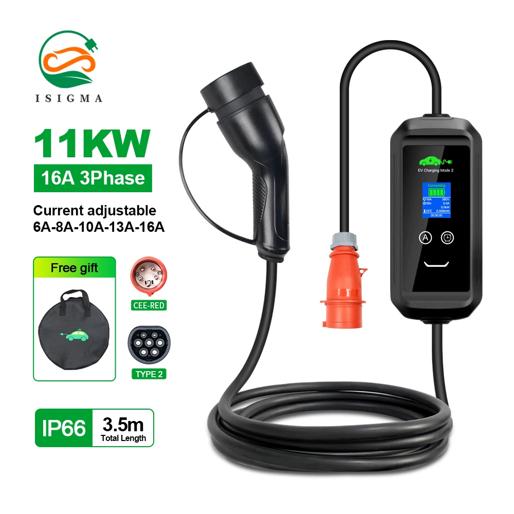 Isigma Portable EV Charger Type2 IEC62196-2 16A 11kw EVSE Charging Cable Schuko Plug Wallbox for Electric Car With 3.5m