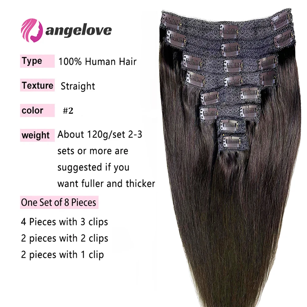 Clip In Hair Extensions Real Human Hair 8 Stuks Hair Extensions 120G 100% Menselijk Haar Clip In Extensions Straight zacht Haar #2 Kleur