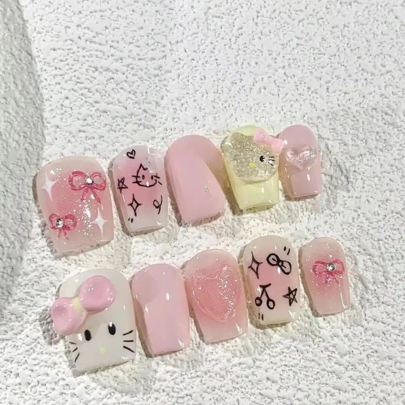 Uñas postizas coreanas cortas hechas a mano con Gato, accesorios de decoración, puntas de uñas acrílicas, 10 piezas