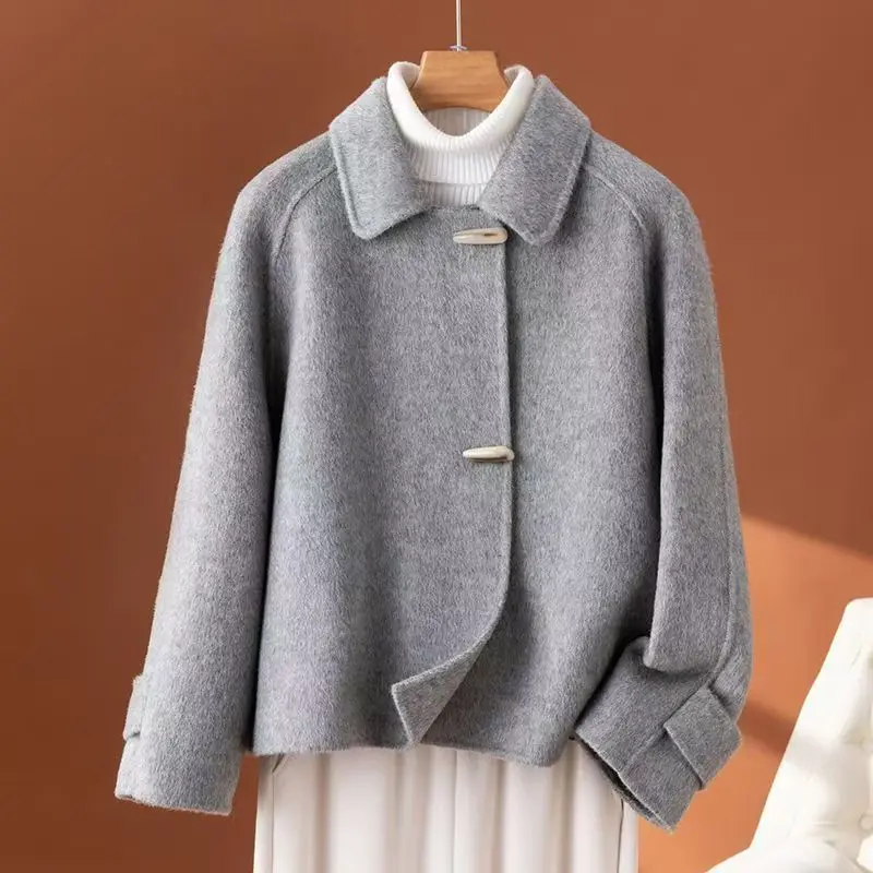 Double-Sided Woolen Short Coat Cashmere Outerwear Tweed 2025 New Small Size Autumn Winter Horned Woolen Jacket  Collar
