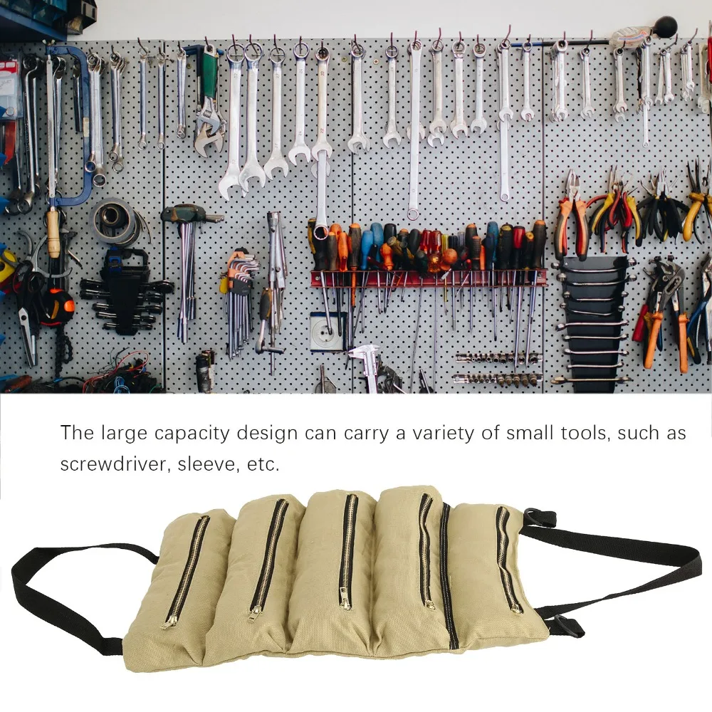 

Durable Canvas Tool Roll Up Bag Heavy-Duty Rollable Tool Roll Up Pouch With 5 Zipper Pockets Tool Storage Bag for Electricians