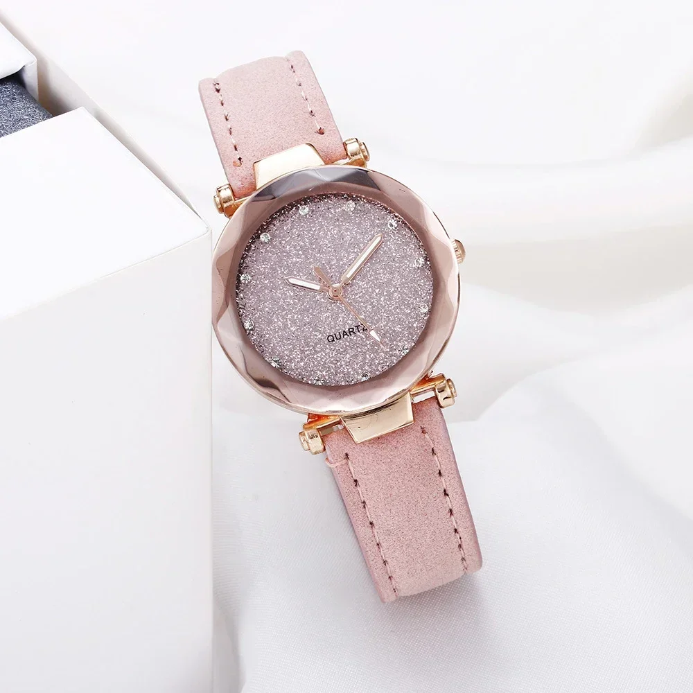 Ronde Gezicht Strass Star Sky Zilver Roze Vrouwen Voor Horloge Vrije Tijd Mode Trend Frosted Riem Vintage Black Quartz Polshorloge