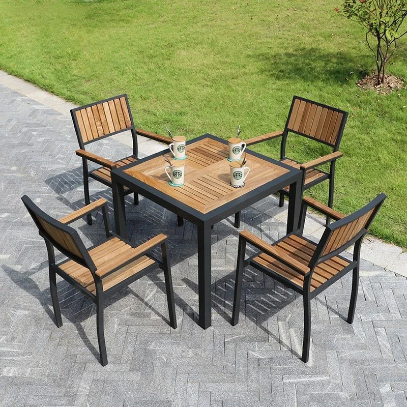 

Teak Outdoor Dining Table And Chair Combination Courtyard Garden Furniture Cafe Outside Terrace Solid Wood Dining Table