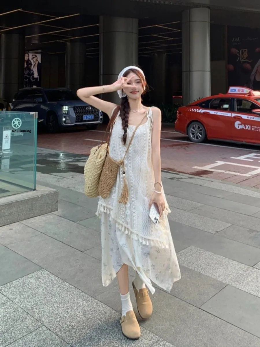 n Weißer Quastenträger Dr. Damen Sommer New Beach Vaion Asymmetrischer Strand Langer Rock Hohe Taille A-Linie Dr