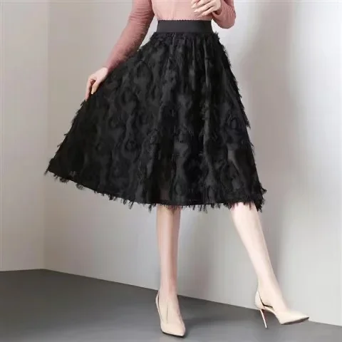 Women High Waist Skirts Free Size Feather Print Chiffon Skirt Women Casual Mid-calf Solid A-line Tassels Midi Tweed Skirts 2024