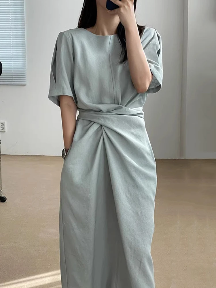 Chic Summer Women's round Neck Cross Tie Waist Slimming Midi Dress Short Sleeve Commute Style High Waist Other Material