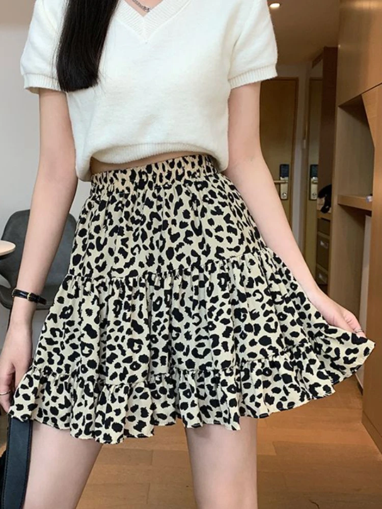 

Leopard Chiffon Skirts for Women Slim Elastic High Waist Summer Mini Skirt Casual Fashion Vintage Floral A-LINE Short Skirts