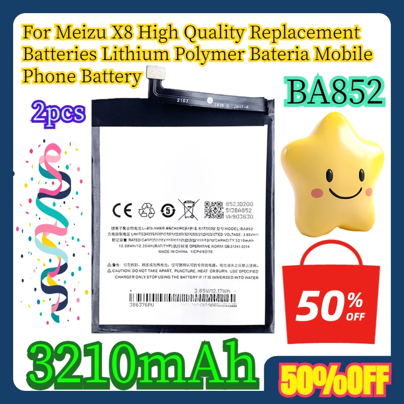 

2pcs For Meizu X8 High Quality Replacement Batteries Lithium Polymer Bateria 3210mAh BA852 Mobile Phone Battery