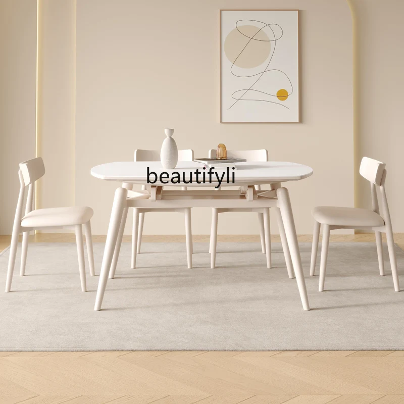 Light Luxury Stone Plate Dining Table Silent Cream Wind Retractable round Table Household Rectangular Dining Table