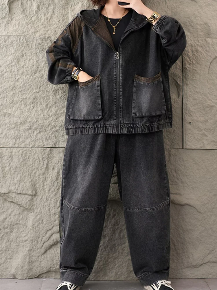 Amax LuluE 2025, Koreaanse Damesmode Big Size Klassieke Denim Pakken Damesmode Capuchon Tops Vintage Jeans Losse Twee Stukken Sets