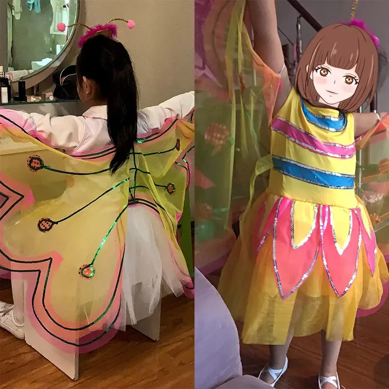 Disfraz de campana Tinker de hada de las flores para el Día de los niños con alas y Diadema para niñas, vestido de mariposa de Cosplay, fiesta de baile