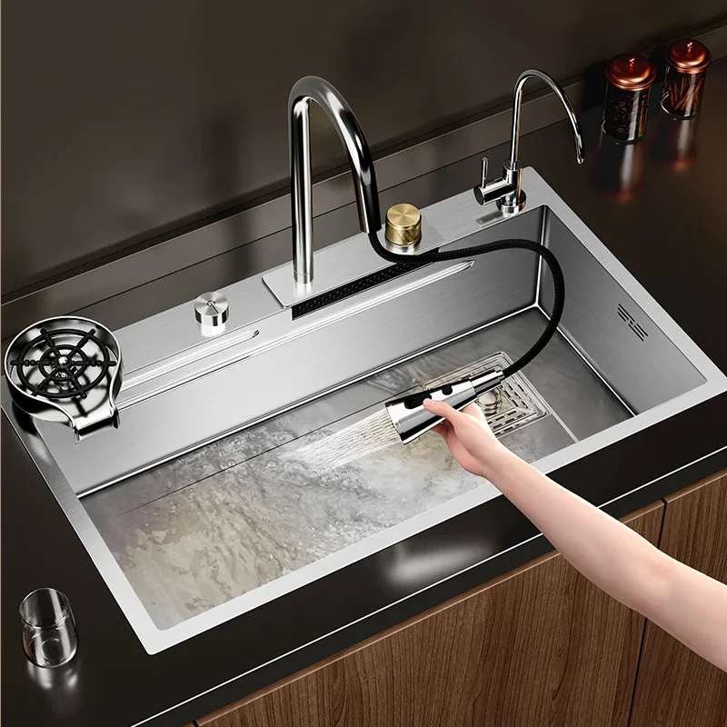 Nano 304 Stainless Steel Sink Waterfall Large Single Slot Kitchen Sink Vegetable Stainless Steel Household Sink