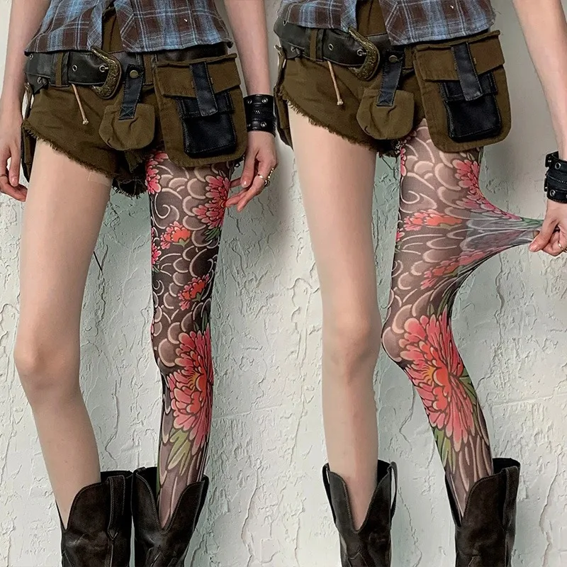 

Модные японские чулки с принтом Y2K, леггинсы с татуировкой, колготки с растениями и цветами, тонкие сексуальные чулки, готические аксессуары для косплея