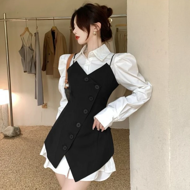 Sets Women Shirts Elegant Vests Asymmetrical Autumn Puff Sleeve Turn Down Collar Single Breasted Temperament Mature Party Cozy