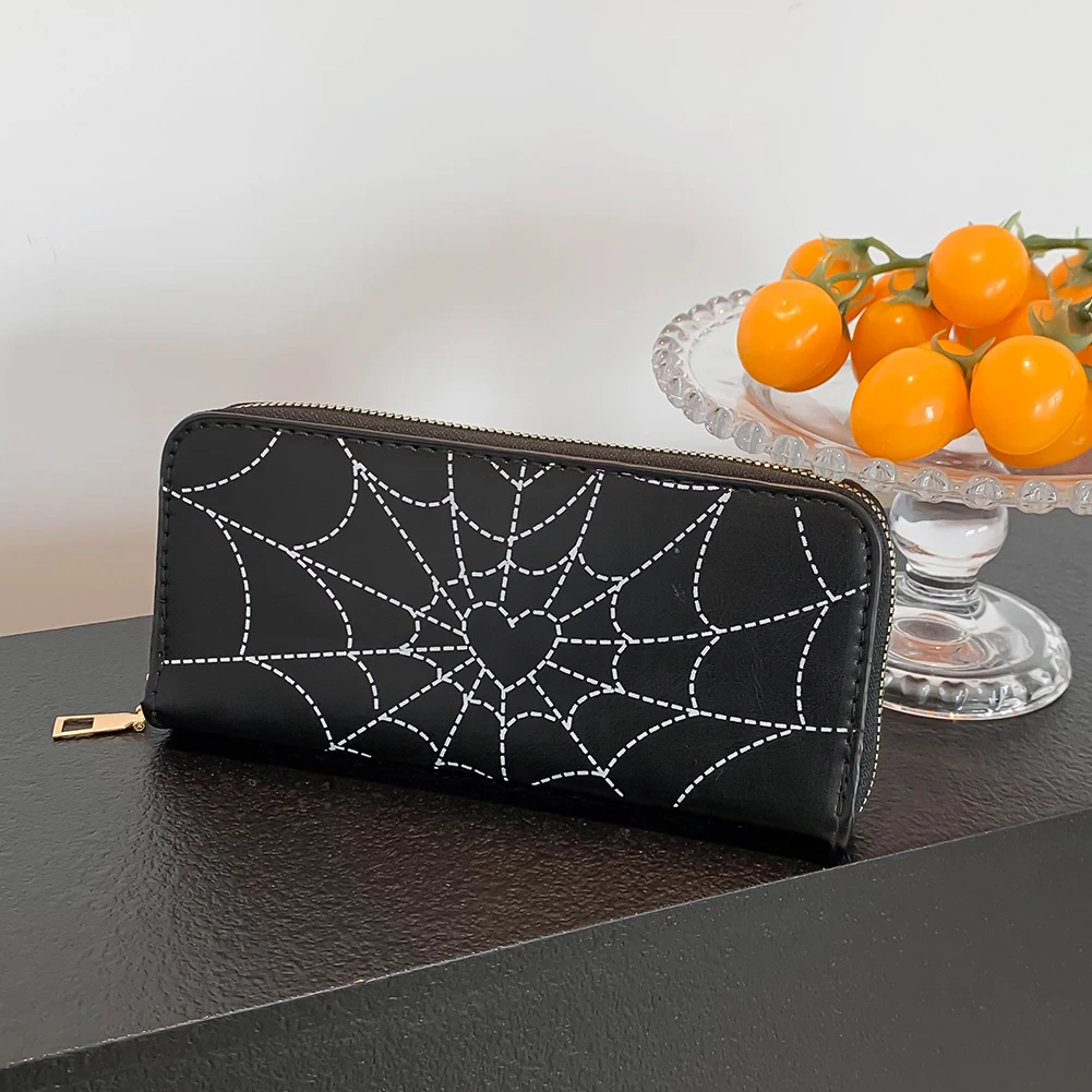 Women Spider Web Zipper Wallet PU Leather Gothic Coin Money Bag Fashion Multi-Use Halloween Trendy Wallet for Girls