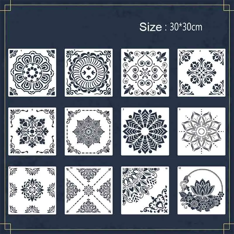 12pcs/Pack 30x30cm Mandala Stencils for Painting on Wood Wall Floor Tile Fabric Resuable Furniture Stencils Painting Template