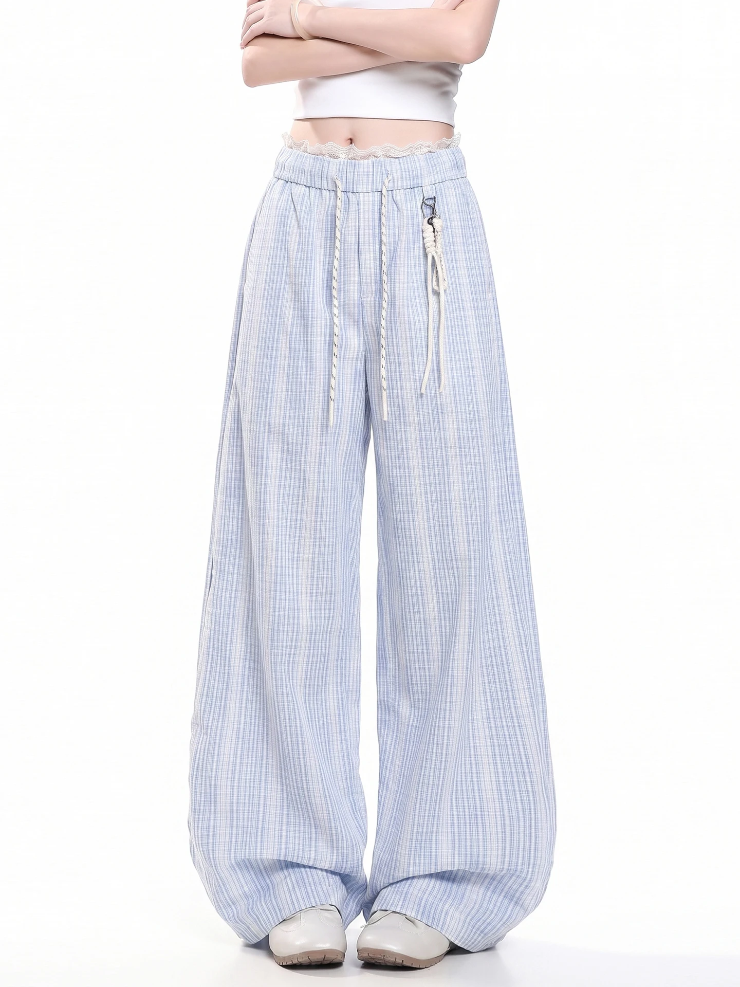Korean Style Casual Plaid Lace Trim Straight Leg Pants Women Summer Loose Slimming Lazy Style Drapey Floor-Length Wide Leg Pants