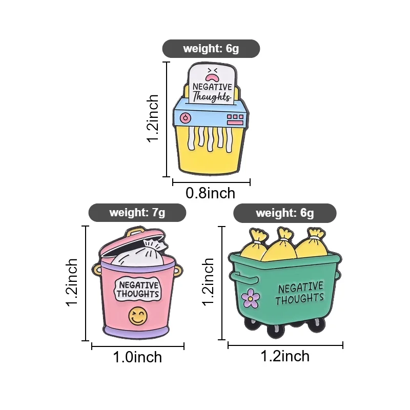 Negative Thoughts Paper Shredder Enamel Pins Garbage Can Brooches Badges Cute Cartoon Jewelry Gift for Kids Friends