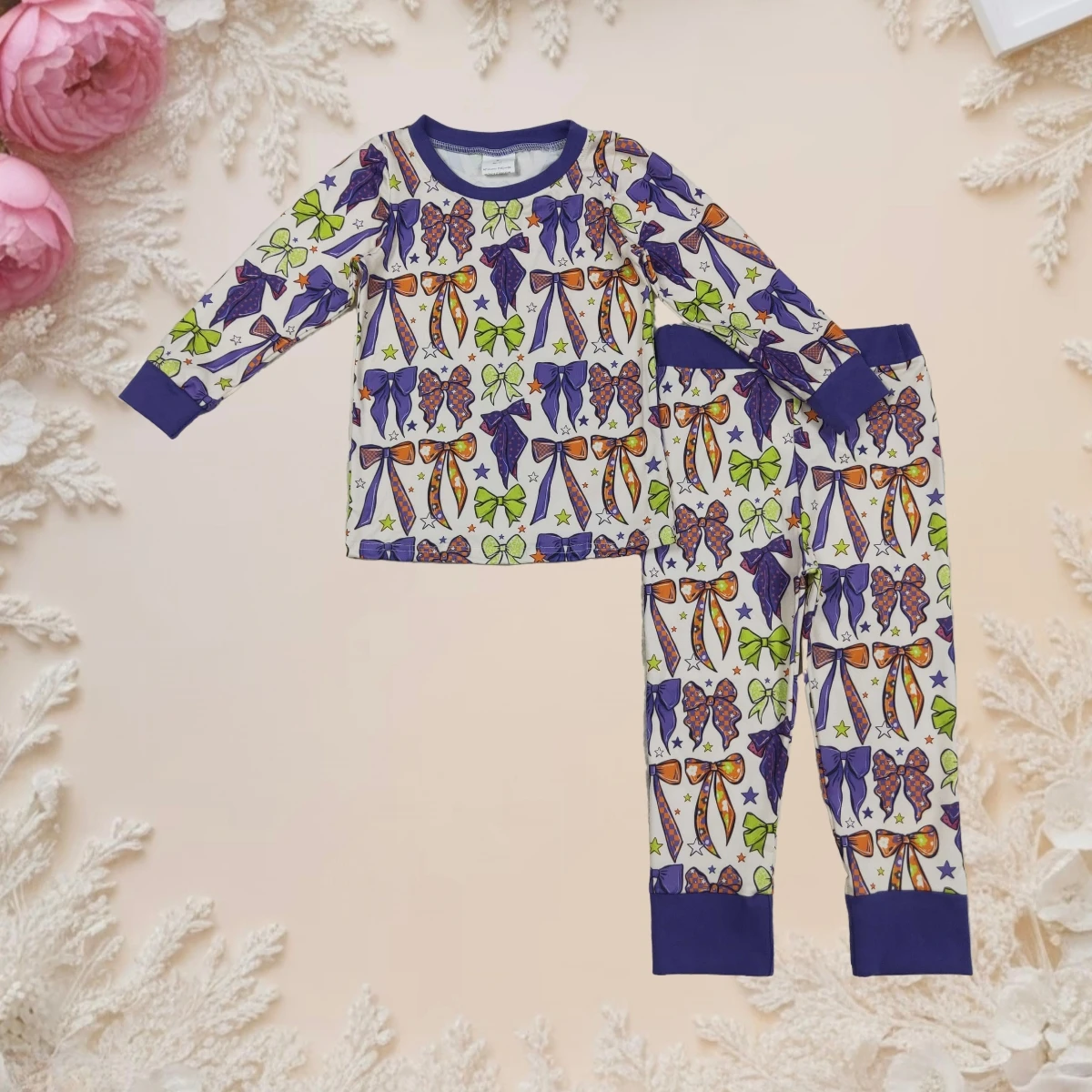 

New Cute Halloween Pajamas Set for Baby Girl Toddler Long Sleeves Top and Pants Purple Green Bows Stars Plaid Sleepwear Outfit