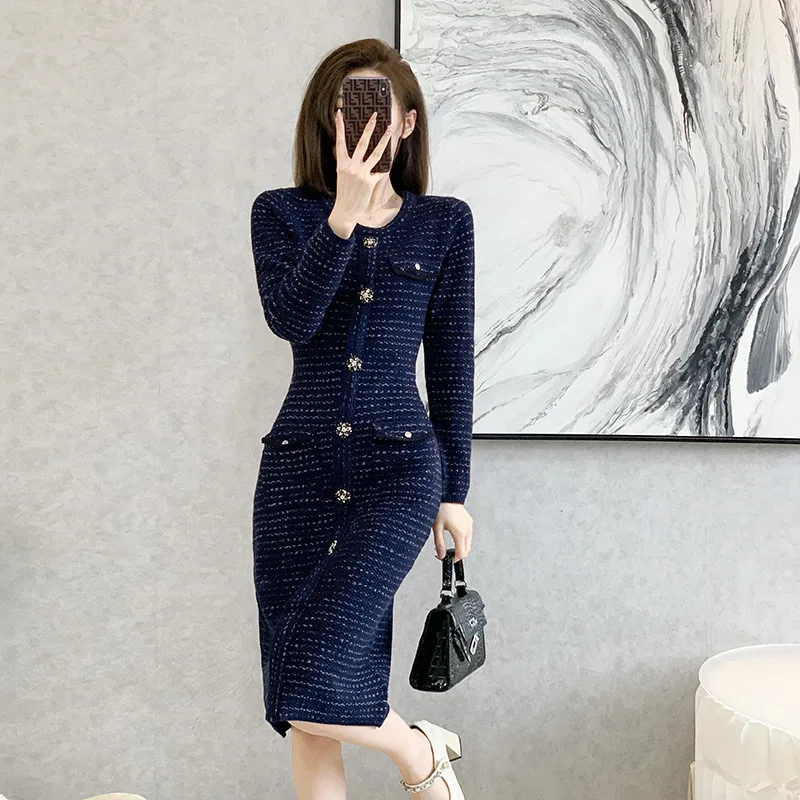 2024 Elegant Temperament Chanel Style Dress Female High Waist Patchwork Slimming Long Sleeved Sweater A-line Long Skirt LJ686