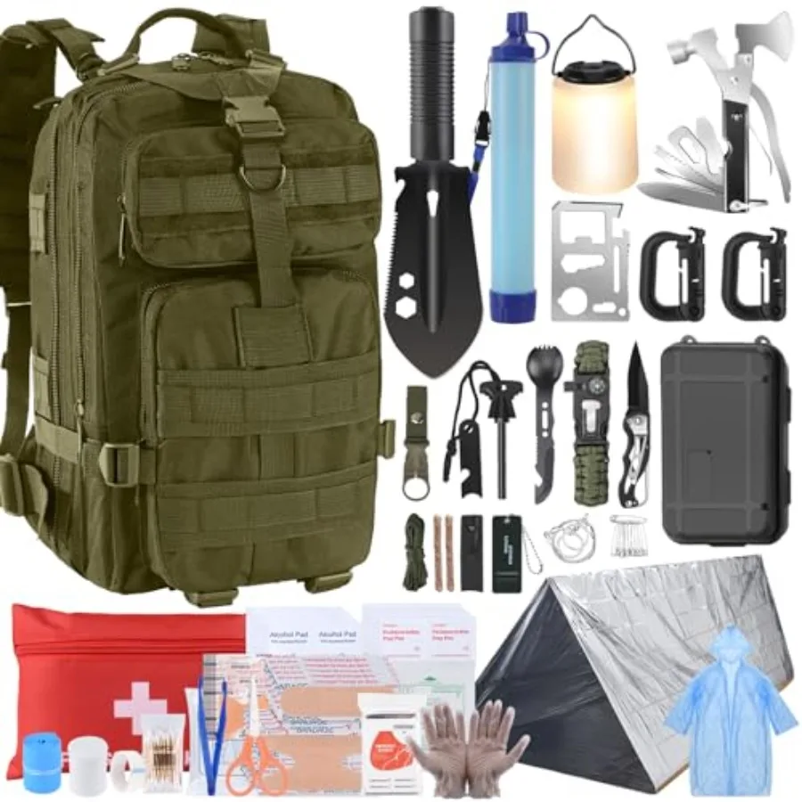 

Survival Kit, Survival Gear and Equipment 258 PCS with Water Filter, Emergency Tent, LED Lantern, First Aid Kit plies, 25L Back