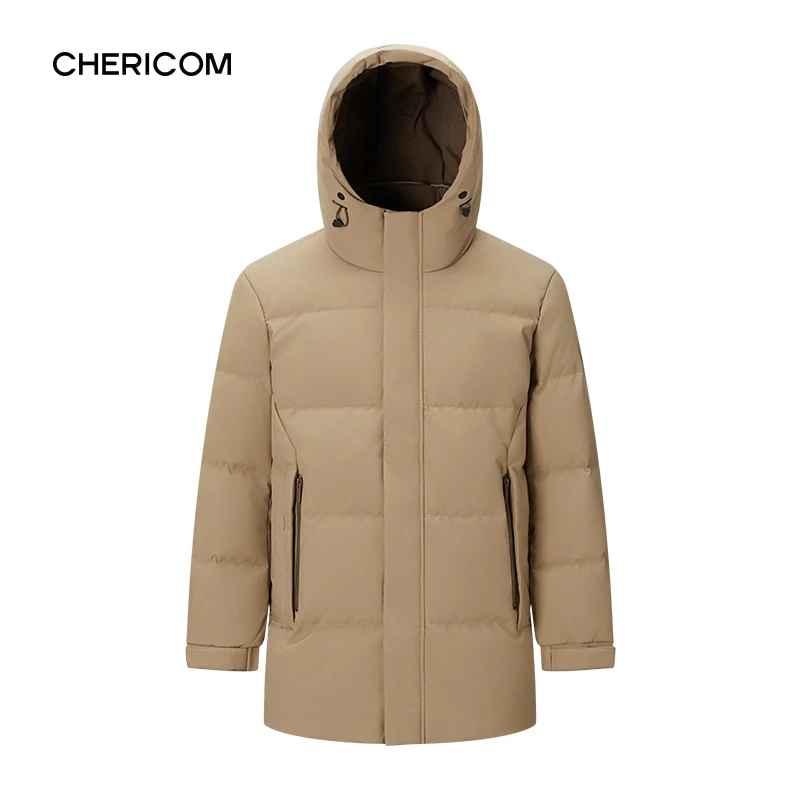 

Chericom Men's Down Jacket 2024 Winter Mid Long Hooded Thick Windproof Puffer Jacket Solid Duck Down Warm Padded Coats 299660