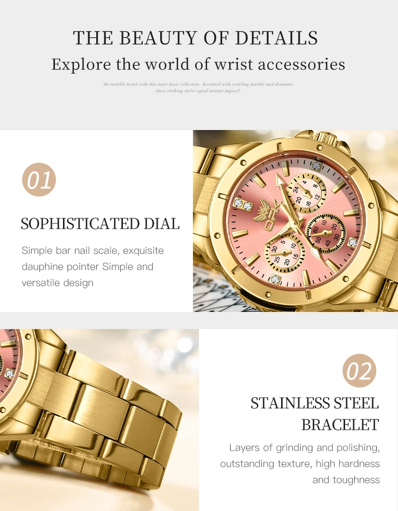 OPK Elegant Ladies Watch Luxury Chronograph Calendar Diamond Gold Watch Stainless Steel Waterproof Quartz Watch for Women Gift